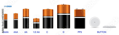  realistic various alkaline batteries isolated