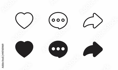 Like, Comment, and Share. Icon Set of Streaming Video App. Vector Illustration