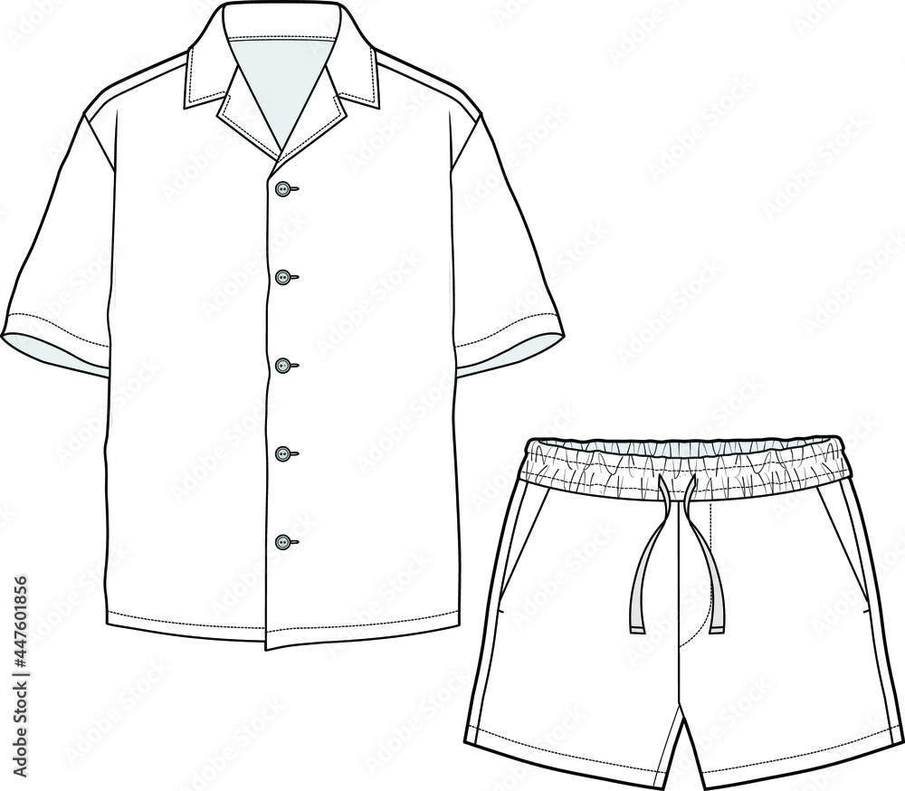 cuban collar shirt with comfy short flat sketch vector illustration ...