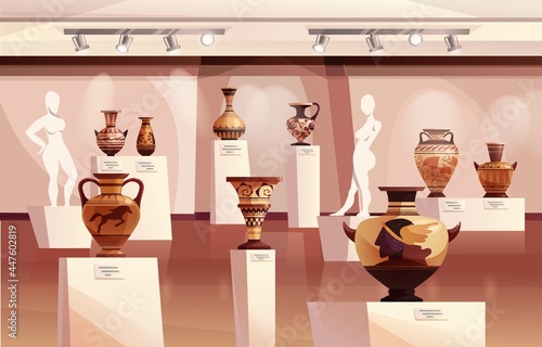 Museum interior with antique Greek vases, ancient traditional clay jar or pots for wines, sculptures. Art gallery with exhibition. Cartoon vector illustration.