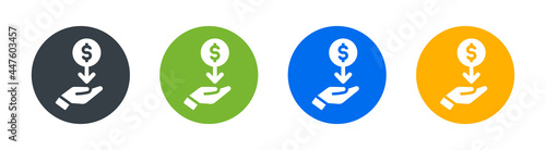 Hand receive dollar coin icon. Salary and income symbol.