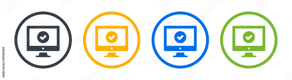 Computer screen with check mark icon. Online approval sign. Computer screen with check mark icon. Online approval sign.