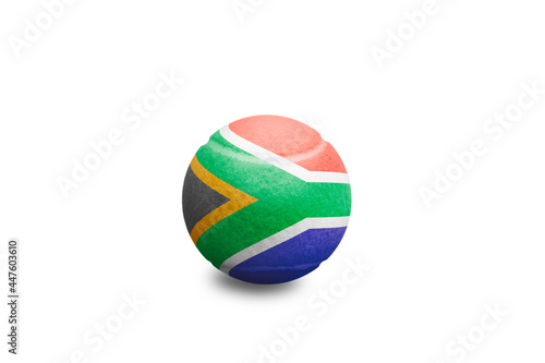 Tennis ball with the coloured national flag of  South Africa on the white background	