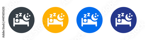 Sleep, night time icon. Containing sleeping person, bed, moon and stars symbol.
