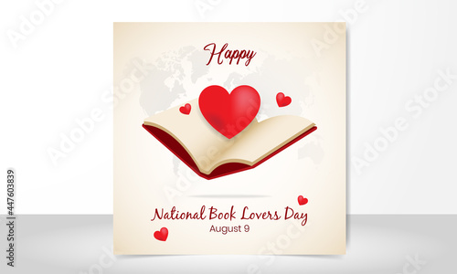 Happy national book lovers day august 09. Book and love illustration vector design