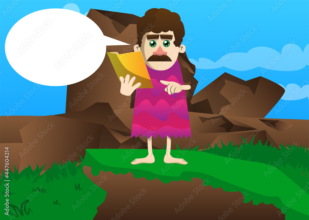 Fototapeta premium Cartoon prehistoric man reading and pointing at an opened book. Vector illustration of a man from the stone age.