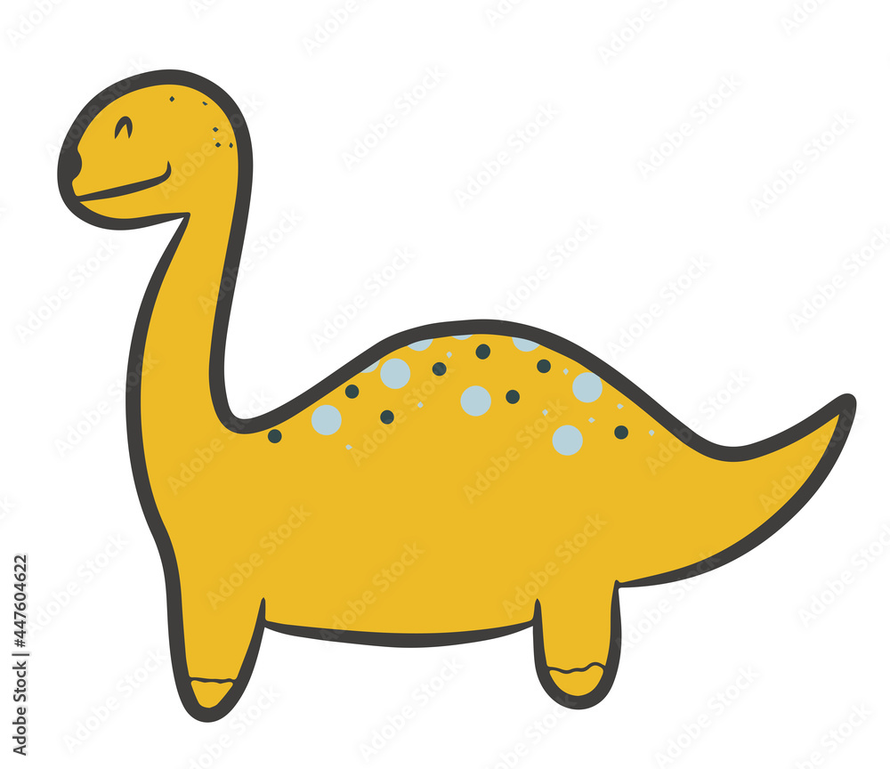 Cute dinosaur yellow with spots, cartoon dinosaurs, Scandinavian style, modern flat drawing style, delicate shades, children's poster, print for child, vector illustration