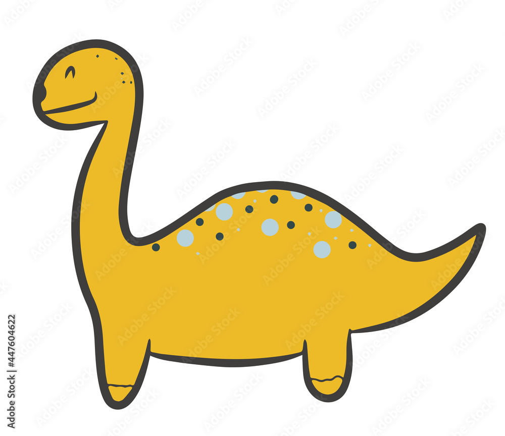 Cute dinosaur yellow with spots, cartoon dinosaurs, Scandinavian style, modern flat drawing style, delicate shades, children's poster, print for child, vector illustration Cute dinosaur yellow with spots, cartoon dinosaurs, Scandinavian style, modern flat drawing style, delicate shades, children's poster, print for child, vector illustration