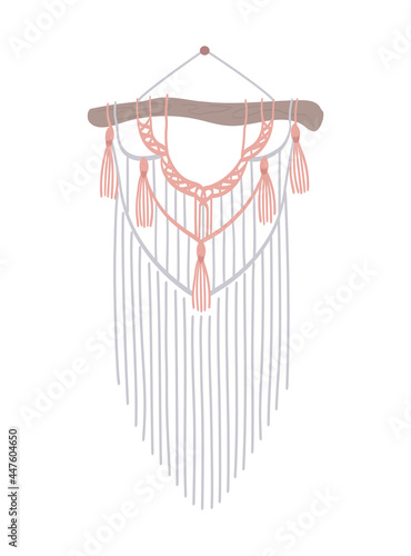 Macrame with fringe. Diy boho style interior decor, handmade craft knots. Vintage design panel of cord, wall hanging. Isolated on transparent background. Vector illustration