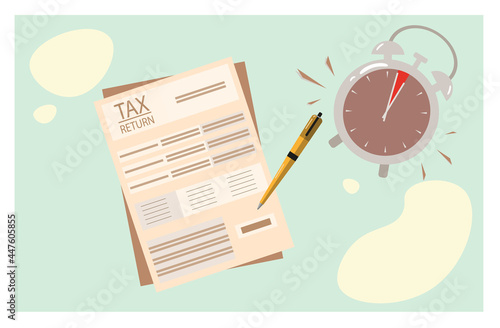 Tax return filing time. Official obligations and time of payment of income. Finance form paper document, revenue. Information, report and statement of due date. Return tax filing concept. Vector