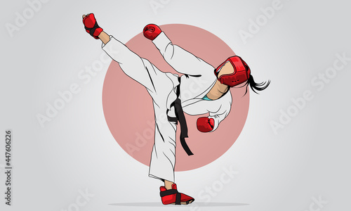 The girl is engaged in taekwondo. A girl in a kimono and protective clothing elements with a black belt in karate does a leg stretch