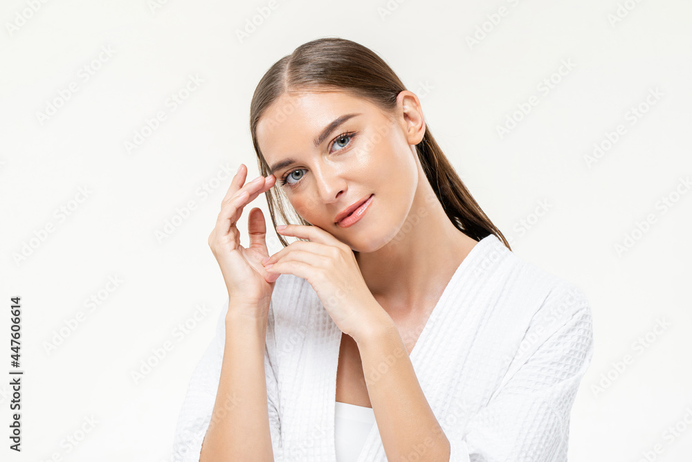 Beauty shot of young Caucasian woman on white isolated studio background for skincare concepts Beauty shot of young Caucasian woman on white isolated studio background for skincare concepts