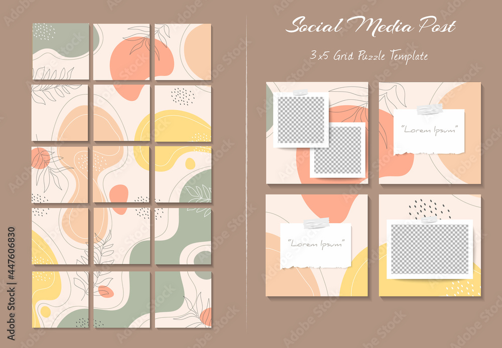 Social media feed post template in grid puzzle style with organic shape background