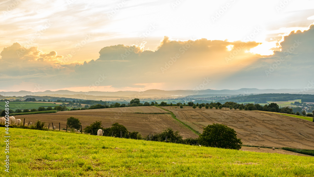 Sun ray light with a beautiful Rural summer landscape in France