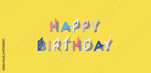Paper art of happy birthday with cutout and flip effect on yellow background.