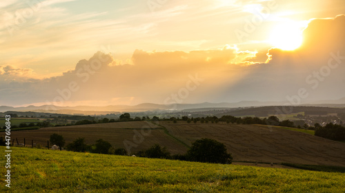 Sun ray light with a beautiful Rural summer landscape in France