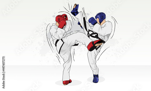 Two athletes practice taekwondo martial arts techniques