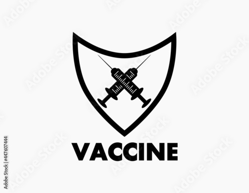 Syringe and shield icon in black color. Design with the concept that getting vaccinated will provide shield and strength. Suitable for vaccine campaign, poster, hospital, clinic, and company.
