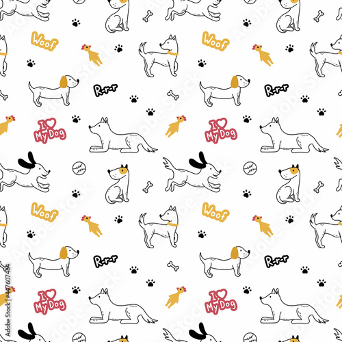 Dog in doodle style. Seamless pattern with pets for sewing children clothing, printing on fabric and packaging paper. Set with animals.