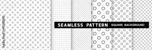 Set of geometric seamless dot circle patterns in square shape background, black and white monochrome color. Vector illustration