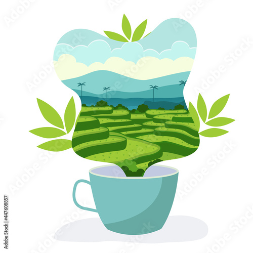 flat vector illustration of tea fields in tea cup 