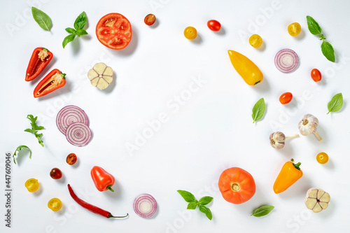 Frame of ingredients for cooking homemade italian pizza on white background, top view flat lay