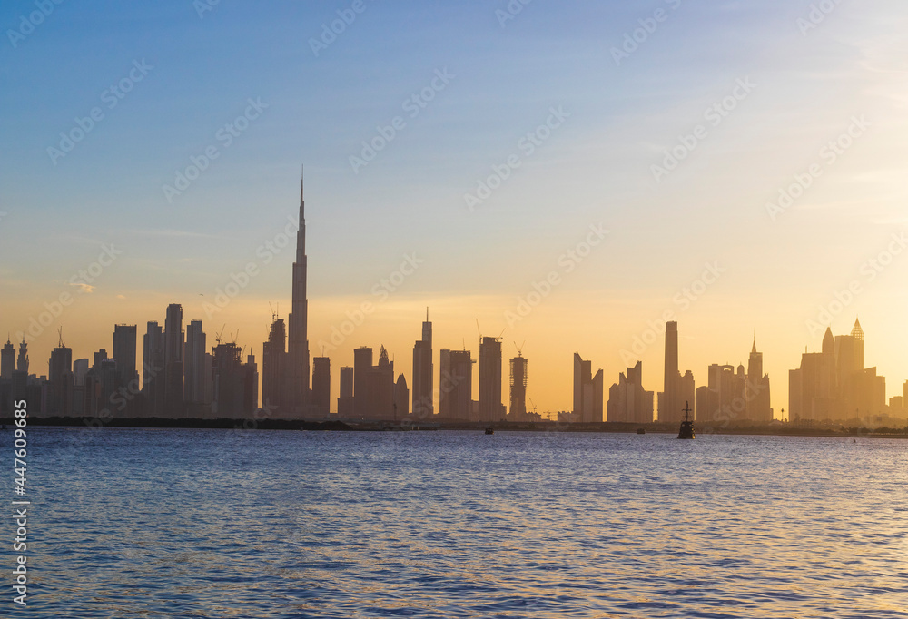Dubai, UAE - 07.17.2021 View of Dubai skyline, shot made from Dubai creek harbor. Landscape