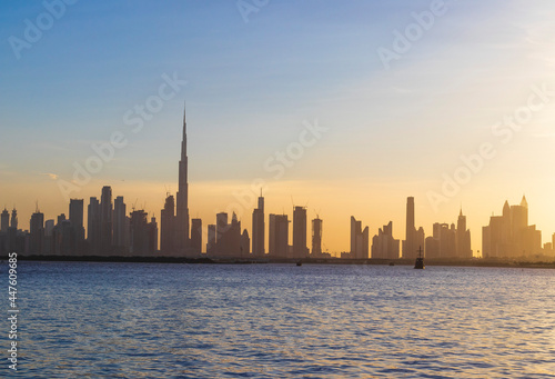 Dubai, UAE - 07.17.2021 View of Dubai skyline, shot made from Dubai creek harbor. Landscape © Four_Lakes