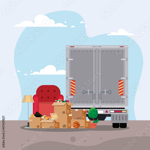 Delivery moving out boxes chair and truck
