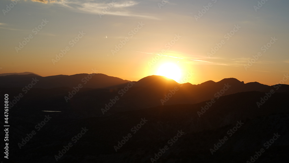 Sunset at the desert section from Tehachapi Pass on the Thru Hiking footpath PCT (Pacific Crest Trail) in California, USA. 