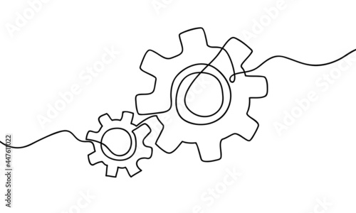 hand drawn one continuous line of moving gears wheels. gear icon logo. vector illustration