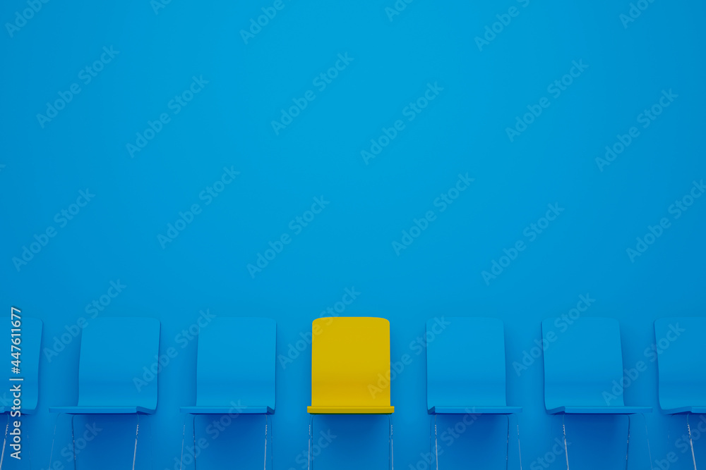 Outstanding chair in row. Yellow chair standing out from the crowd. Human resource management and recruitment business concept. 3d illustration Outstanding chair in row. Yellow chair standing out from the crowd. Human resource management and recruitment business concept. 3d illustration