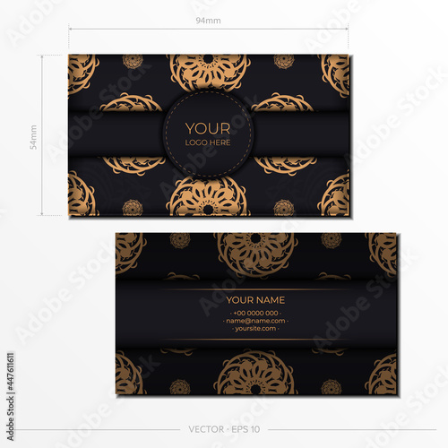 Black luxury business cards template. Decorative business card ornaments, oriental pattern, illustration.