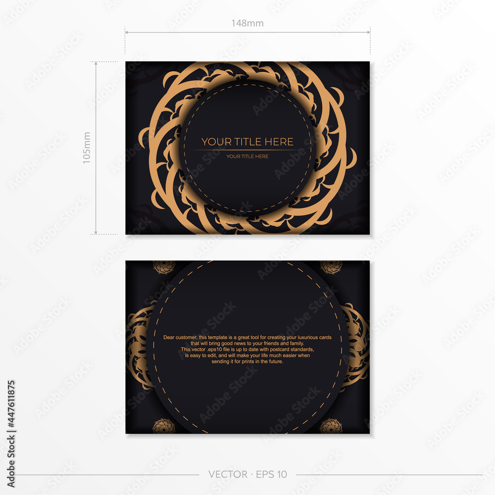 Luxurious black rectangular postcard template with vintage indian ornaments. Elegant and classic vector elements ready for print and typography.