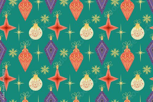 Seamless retro pattern with Christmas balls and snowflakes. Vector illustration in a simple modern mid-century style in vintage tones. Christmas pattern for gifts.