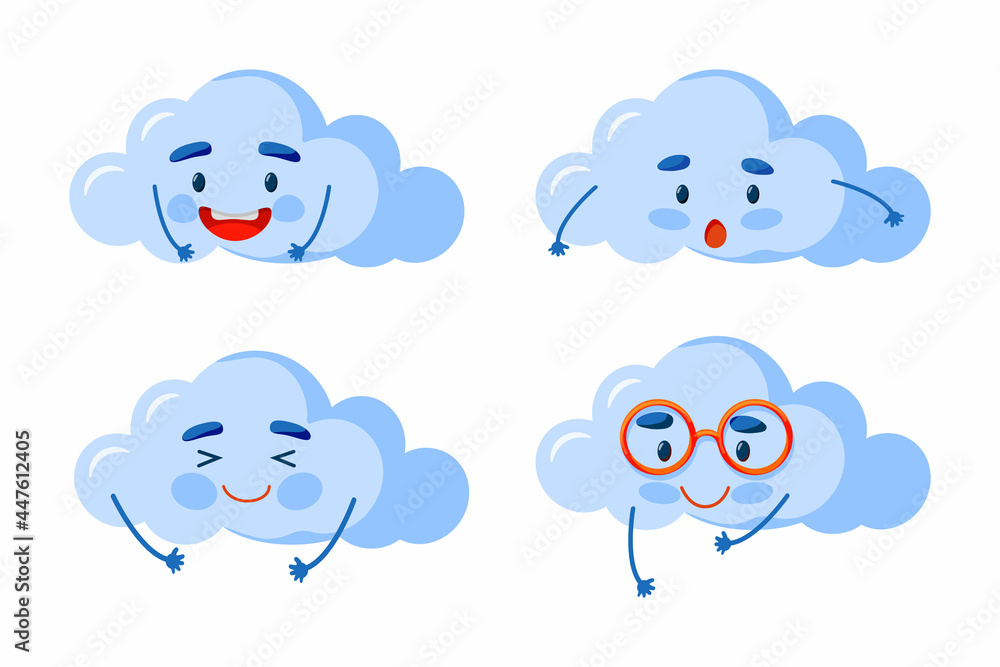 Set of cute clouds flat design with different mood. Cute set of faces kawaii cloud background. Set of cute clouds flat design with different mood. Cute set of faces kawaii cloud background.