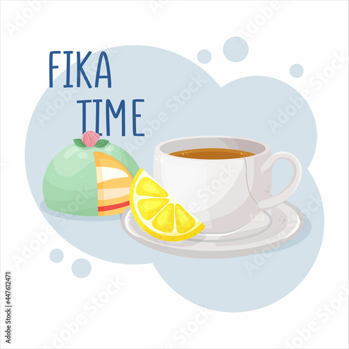 Cup of coffee or tea and Prinsesstarta green marzipan cake. Coffee break fika concept. Isolated hand drawn vector photo