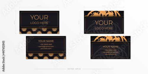 Black luxury business cards with decorative ornaments business cards, oriental pattern, illustration. Ready to print, meet the requirements of the printing house.
