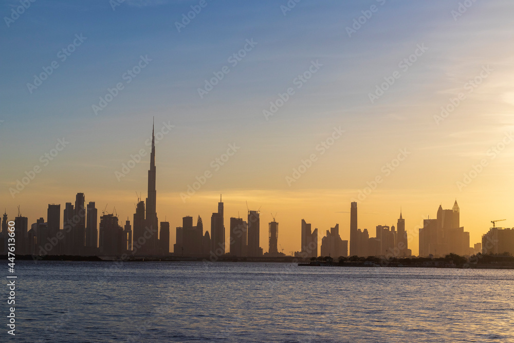 Dubai, UAE - 07.17.2021 View of Dubai skyline, shot made from Dubai creek harbor. Landscape Dubai, UAE - 07.17.2021 View of Dubai skyline, shot made from Dubai creek harbor. Landscape