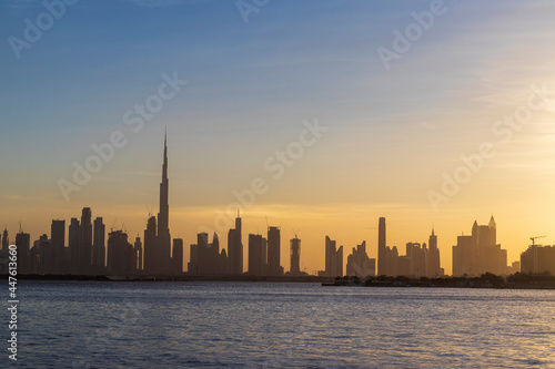 Dubai, UAE - 07.17.2021 View of Dubai skyline, shot made from Dubai creek harbor. Landscape