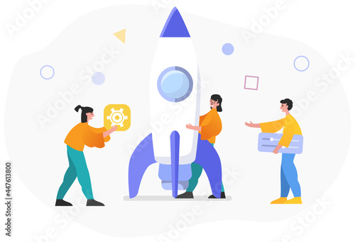 Startup, start new business project, launch web or mobile application. Group of people prepare rocket to launch. Modern vector illustration