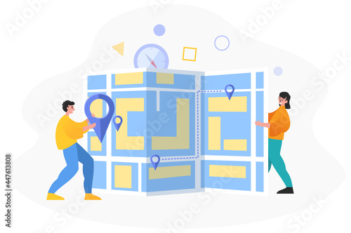 Map application, we are moving to new location concept. Group of people stand near big map. Modern vector illustration