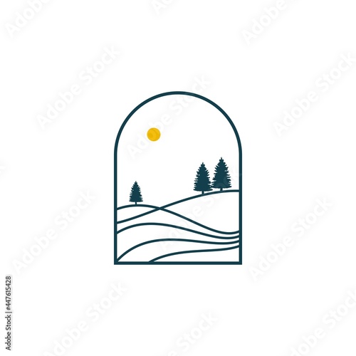 simple hill landscape Pine tree logo design vector illustration