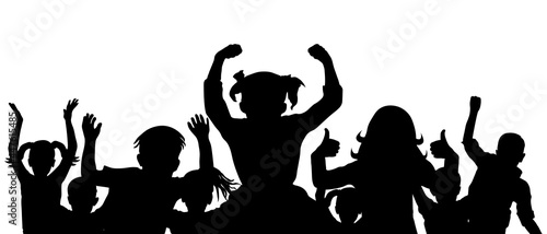 Team of children achieving victory and success. Joyful silhouette of group of children or crowd. Vector illustration