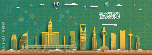 Anniversary celebration nation day Saudi arabia with arab pattern background.