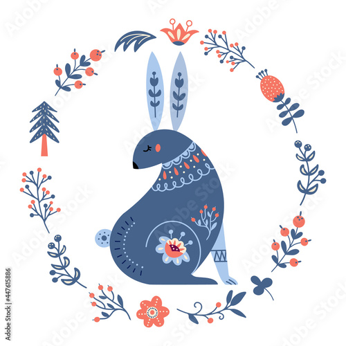 Vector rabbit in scandinavian style Folk forest animal