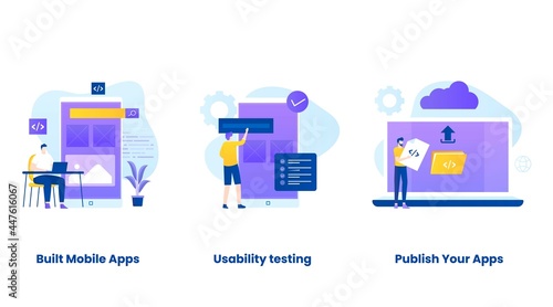 Mobile apps development concept vector illustration set. Illustrations for websites, landing pages, mobile applications, posters and banners.