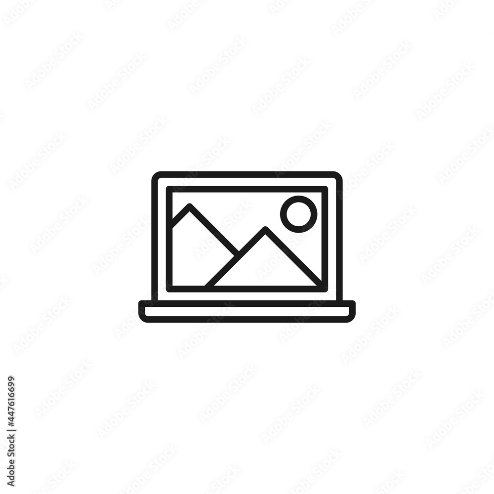 Line icon of shining sun over mountain on computer screen Line icon of shining sun over mountain on computer screen