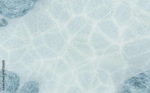 Underwater empty white sand beach background, 3D water wave surface texture, horizontal copy space for summer promotion