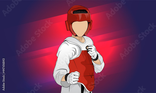 A young fighter, wearing a protective suit, gloves, and helmet. The energetic sport of Taekwondo..